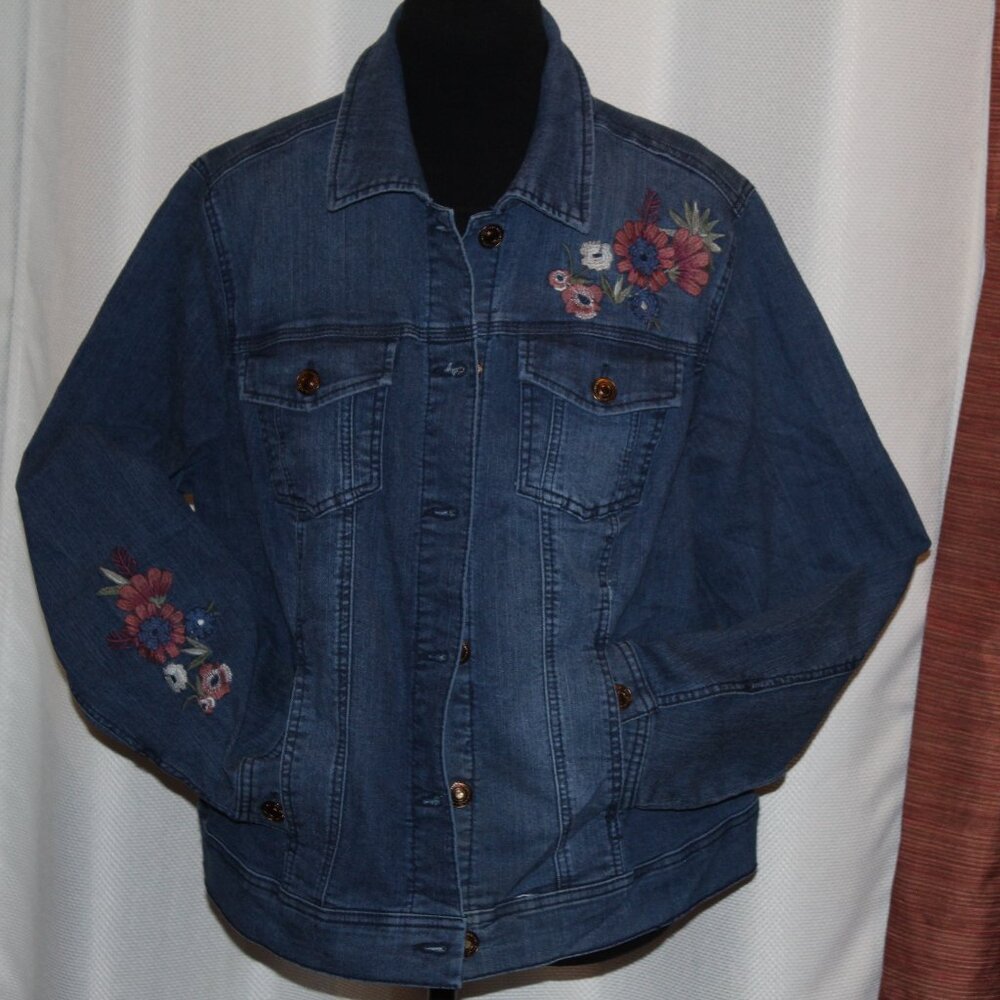 Artisan NY Floral Embroidered Blue Denim Classic Jean Jacket Trucker Sz 1X